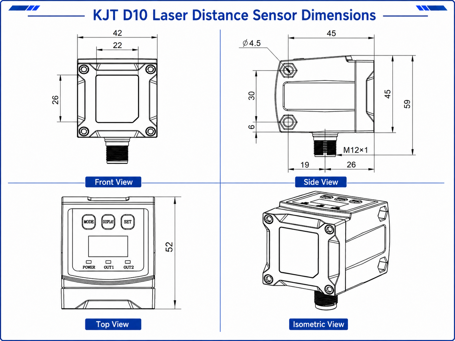 KJT D10 laser distance sensor dimensions, including front, side, top, and 3D views