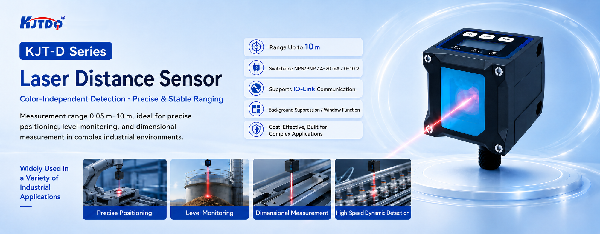 KJT D10 laser distance sensor, 0.05-10 m measuring range, ±10 mm accuracy, IO-Link communication