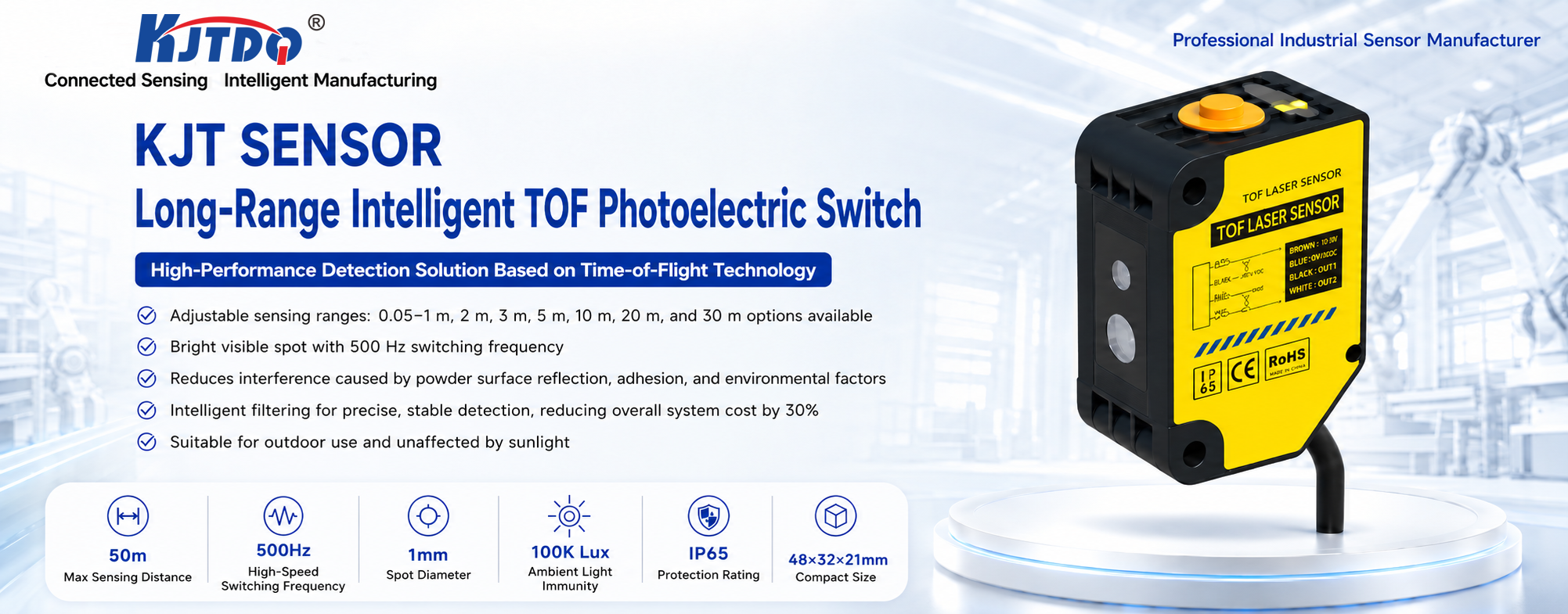KJT KJT-HWCJ-50M long-range intelligent TOF photoelectric sensor, 50 m sensing range, 500 Hz switching frequency, IP65 protection