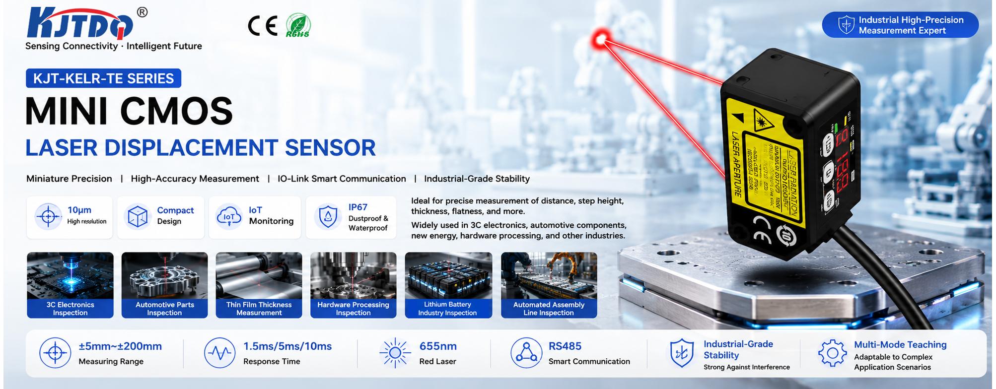 KJT-KELR-TE Series miniature CMOS laser displacement sensor, 10 μm repeatability, smart IO-Link communication, IP67 protection