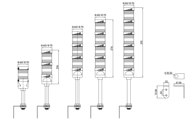 KJT60-70系列杆+L型支架塑料多层塔灯|塑料多层塔灯型号-参数-尺寸图-接线图