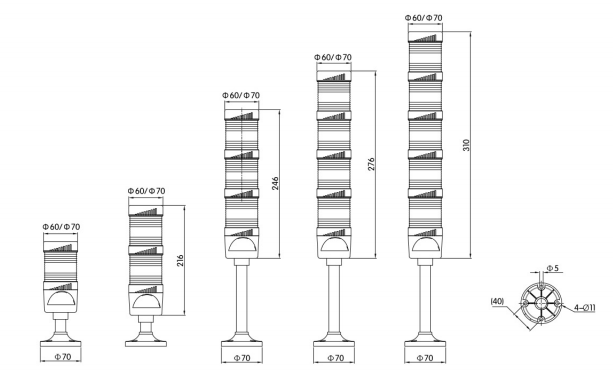 KJT60-70系列杆盘式塑料多层塔灯|塑料多层塔灯型号-参数-尺寸图-接线图