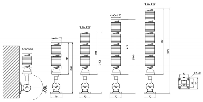 KJT60-70系列可折式塑料多层塔灯|塑料多层塔灯型号-参数-尺寸图-接线图